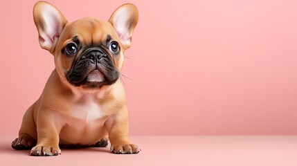 Cute French Bulldog puppy on a pink background.