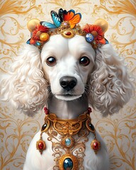Elegant dog with ornate accessories and flowers.