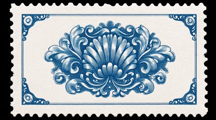Obraz premium Vintage blue ornate stamp design with intricate floral scrollwork and scalloped edges