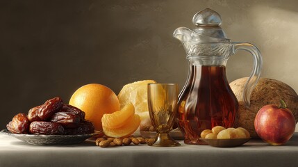 Table with a pitcher of tea, a glass, and a plate of fruit