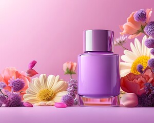 Purple perfume bottle surrounded by fresh flowers.