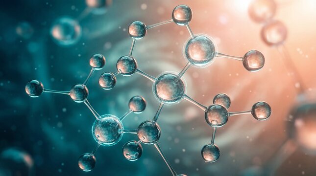 Glowing blue molecular structure with connected spheres on a gradient background with light leak