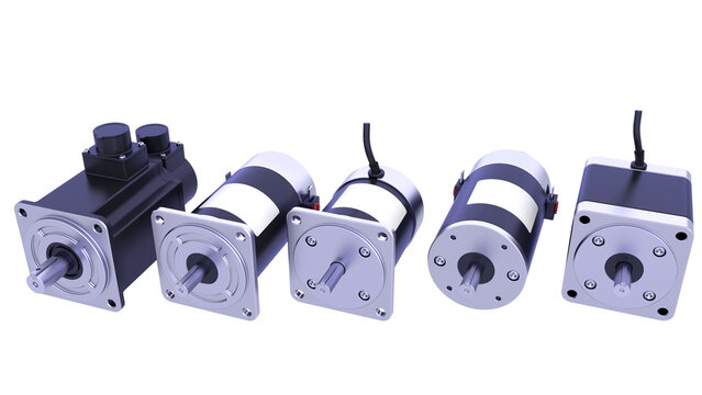 Industrial AC Servo Motors for CNC - Industrial Brushless Stepper motors. 3D rendering isolated on white background. Ideal for professionals, educational, engineering, and industrial design.