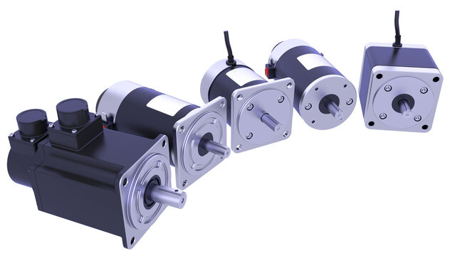 PM AC servo motors for CNC, robotics, mechatronics. Stepper motors. 3D rendering isolated on white background. Ideal for professionals, educational, engineering, and industrial design.
