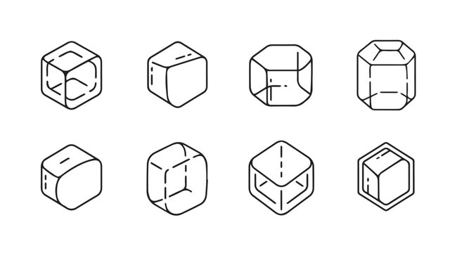 Geometric Shapes Collection Various Cubes and Polyhedrons Line Art Isolated on White Background