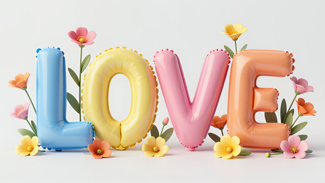 Colorful 3D Balloon Letters Spelling LOVE Surrounded By Vibrant Flowers On White Background