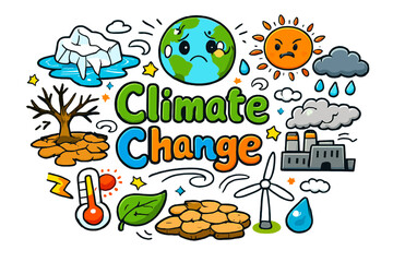Fototapeta premium Vibrant Climate Change Icons Climate Change Hand drawn doodle illustration of Climate Change Melting iceberg