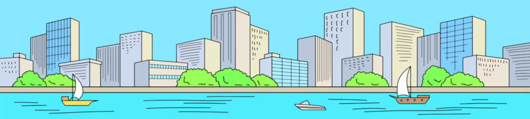 City river graphic color cityscape skyline sketch long illustration vector 
