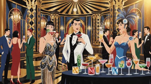 Elegant Art Deco Party with Vintage Fashion, Glamorous People, Gold Decor, Festive Atmosphere