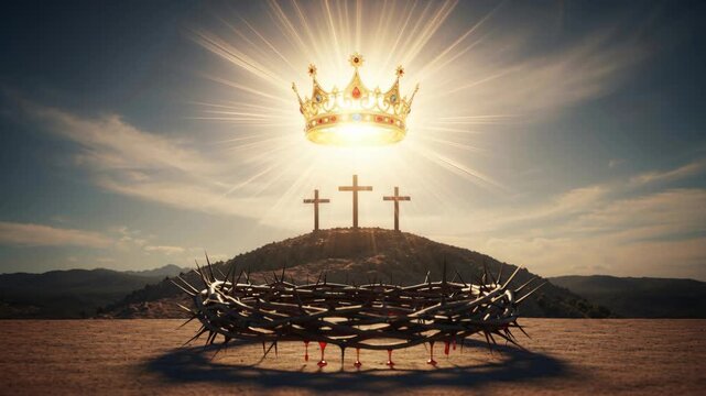The crown of thorns and the crucifixion of Jesus, a golden crown resting on the crown of thorns, with shiapmi and a cross. The image of the King of the Earth. A religious Easter concept.