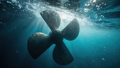 Underwater view of spinning ship propeller creating bubbles and light rays in deep blue ocean water. Propeller blades turn creating movement in the water. Dramatic aquatic scene.