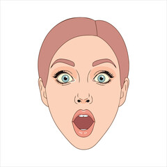 A cartoon woman's face with an open mouth and wide eyes looking directly at the viewer with a surprised expression
