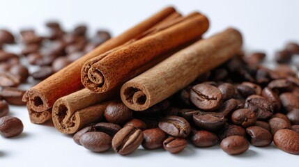 Close up of cinnamon sticks and coffee beans aromatic spices top view on white