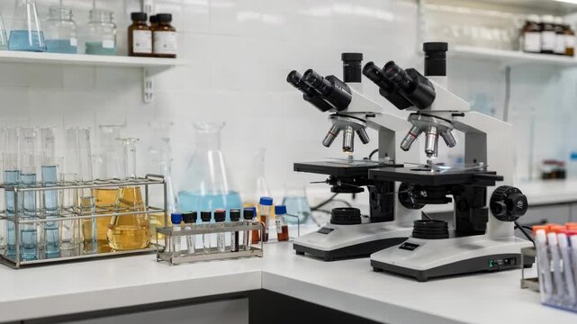 Medium shot of a quality control lab corner featuring microscopes and glassware neatly arranged on a countertop with various samples for testing.
