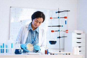 Fototapeta premium Pretty young African-American female chemist with mortar and Petri dish working in lab