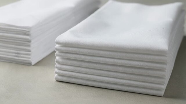 Closeup medium shot of dinnersize napkin sheets being folded and aligned into neat stacks showcasing smooth paper texture and crisp edges.