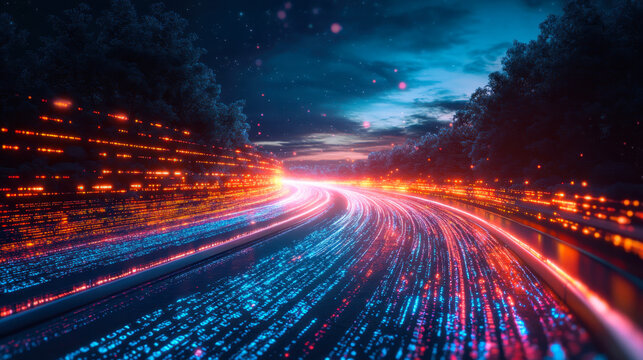 Digital data flow on road in concept of cyber global communication and coding with graphic creating vision of fast speed transfer to show agile digital transformation
