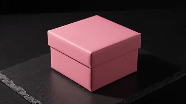 A pristine, elegantly designed pink gift box rests on a dark, textured surface, creating a sophisticated and minimalist visual presentation. The soft lighting highlights the smooth, matte finish of th