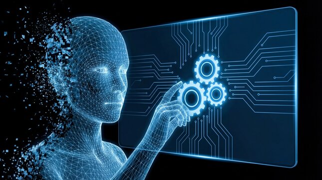 Futuristic humanoid robot interacting with glowing circuit board interface