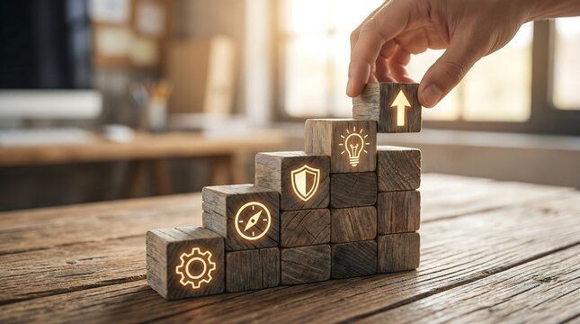 Business Growth Strategy with Wooden Blocks, Icons for Success, Innovation, Protection and Direction