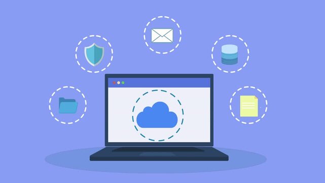 Flat vector animation of laptop showing cloud network symbol with connected digital service icons, representing online services, data management, and cloud technology.
