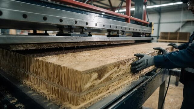 Close view of technicians pressing OSB panels during subfloor manufacturing highlighting the precise compression and bonding process in a factory environment.
