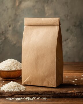 Organic rice packaging mockup in rustic setting with earthy tones