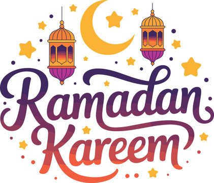 Ramadan Kareem Arabic Calligraphy Lanterns Crescent Moon Stars Festive Greeting