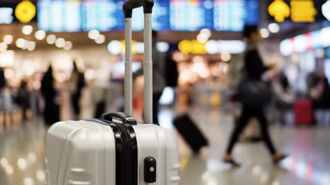 A pristine silver hard-shell suitcase stands prominently in sharp focus in the foreground, its reflective surface catching the ambient light, ready for adventure. The bustling, blurred background depi