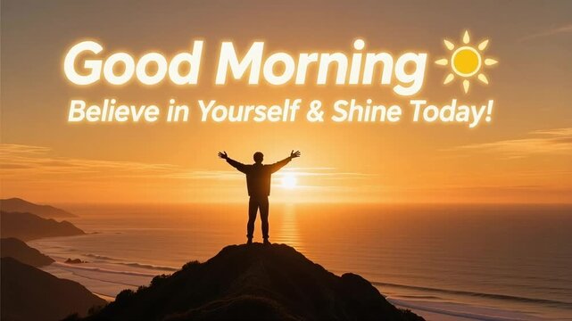Man celebrating sunrise on mountain peak with motivational quote