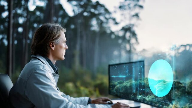 A focused scientist works at a futuristic computer workstation, analyzing environmental data with advanced digital tools. The scene blends nature and technology in a modern workspace