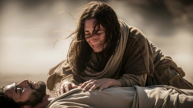 The weeping Virgin Mary kneels next to the crucified Jesus, who lies on the ground. An emotional scene expressing grief and loss, deep despair and sorrow. A relegious theme.
