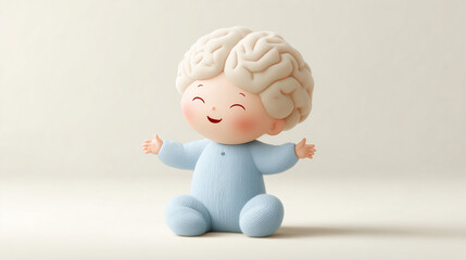 Conceptual Baby Brain: An adorable baby with a brain-shaped head, radiating warmth and curiosity, symbolizing the wonder of growth and learning.