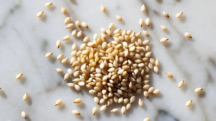 A detailed top-down shot of sesame seeds scattered on a marble surface. The image emphasizes texture and the contrast between the seeds and the surface.