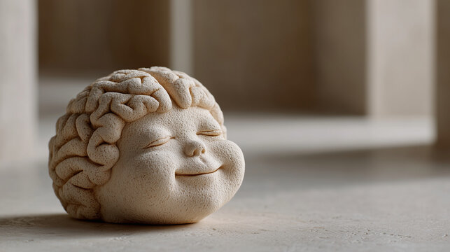 Brainy Bliss: A close-up shot of a unique sculpture, a serene face meticulously sculpted with exposed brain patterns, symbolizes the tranquility of a brilliant mind at peace.