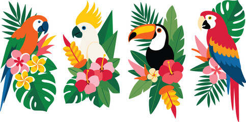 Obraz premium Tropical Birds and Exotic Flowers Arrangement Parrot and Toucan