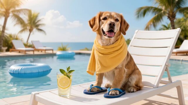 Humorous concept of golden retriever wearing blue flip flops and yellow towel, sitting on lounge chair by tropical pool with lemonade, palm trees and ocean under bright sunny sky.