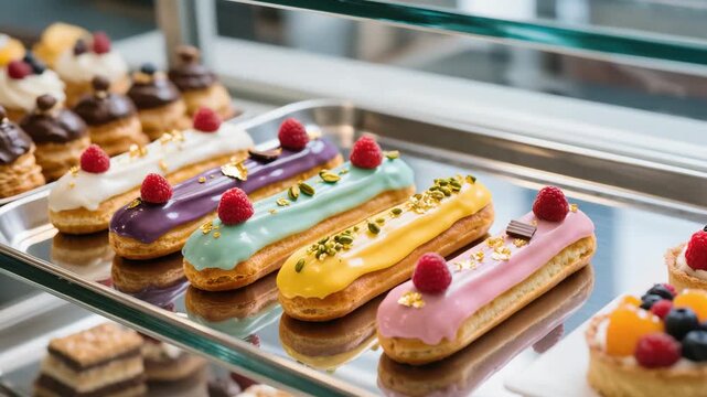 Assorted eclairs with glossy pastel glaze in purple, green, yellow and pink, topped with fresh raspberries, pistachios and edible gold, presented in glass bakery display as gourmet food concept.