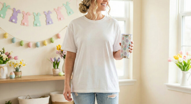 Women's white t-shirt mockup. Middle-aged female model wearing casual crewneck tee, jeans, standing with tumbler in room decorated for Easter. Lady's basic short sleeve t-shirt template, indoors