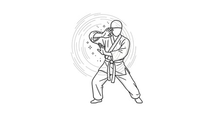 Obraz premium Martial Arts Karateka Performing Defensive Stance, Dynamic Line Art Illustration
