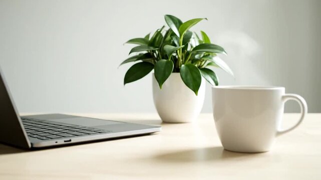 A serene and minimalist workspace is beautifully presented, showcasing a modern, sleek laptop resting on a smooth, light wooden desk. Adjacent to the technology, a vibrant green potted plant introduce