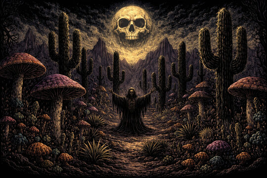 Eerie fantasy desert path with hooded reaper beneath a skull moon surrounded by towering cacti mushrooms and stars creating a haunting surreal night scene for halloween posters and wallpapers