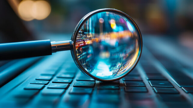 Magnifying glass on laptop computer. Toned in blue