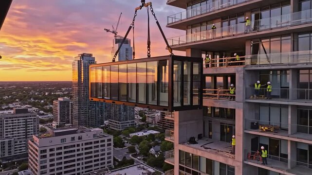 Modular container unit with glass walls and sleek design, carefully lifted by a crane into an urban apartment building, set against a sunset sky. 4k resolution video 30fps.