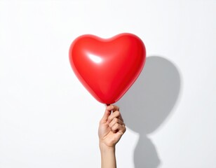 Fototapeta premium Person's hand gracefully holds a bright red heart shaped balloon, symbolizing romance and affection on a simple white background with a subtle shadow