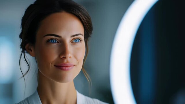 Confident young woman with glowing skin stands in front of a modern illuminated mirror, embracing self care and wellness. Natural beauty and inner peace radiate from her expression