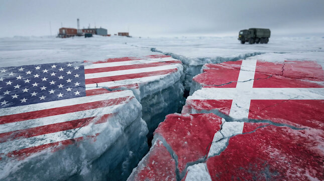 United States of America and Denmark flags shown as cracked surface symbolizing geopolitical tension ,strategic interests sovereignty