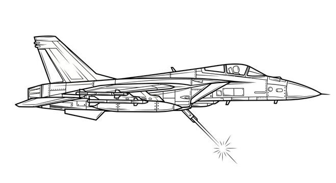 F-14 Tomcat Fighter Jet Line Drawing with Missile Launch