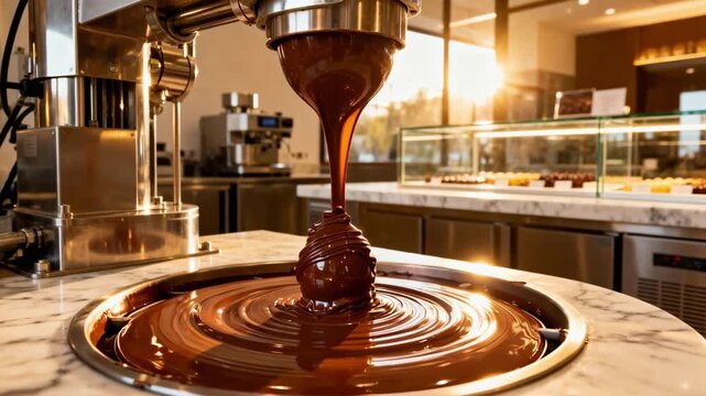Medium shot of swirling chocolate inside spinning molds forming elegant praline shells with smooth glossy texture in a professional confectionery setting.