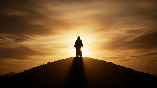 Silhouette of Jesus Christ statue with open arm. Christian religious icon. Faith and spirituality concept for Easter or Christmas.	
